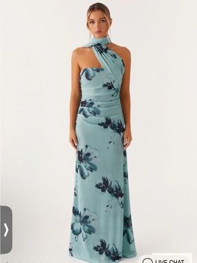 Peppermayo Aqua Floral One-Shoulder Evening Gown